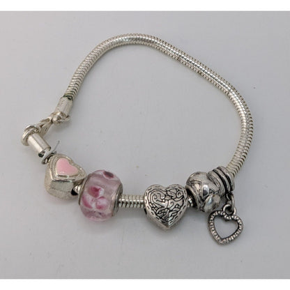 Coquette Romantic Girly Heart Charm Pink Beaded Snake Chain Bracelet