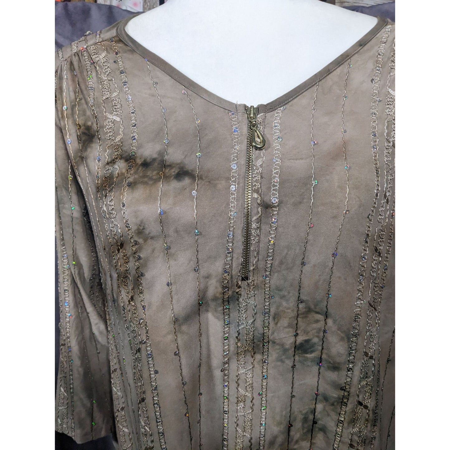 Sami & Jo Bohemian Tan Tie Dye Embroidered Sequin Tunic Size Medium