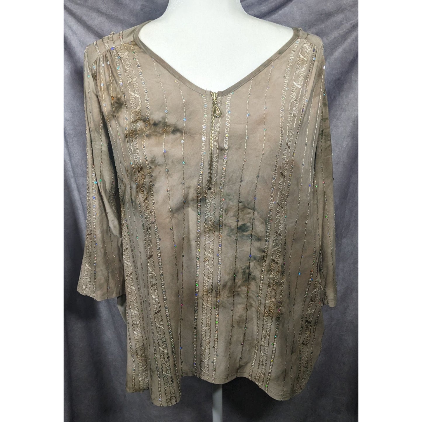 Sami & Jo Bohemian Tan Tie Dye Embroidered Sequin Tunic Size Medium