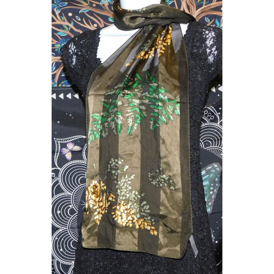 Elaine Gold Silk Scarf With Floral Design In Green & Gold 60x11 Inches Collection XIIX Ltd