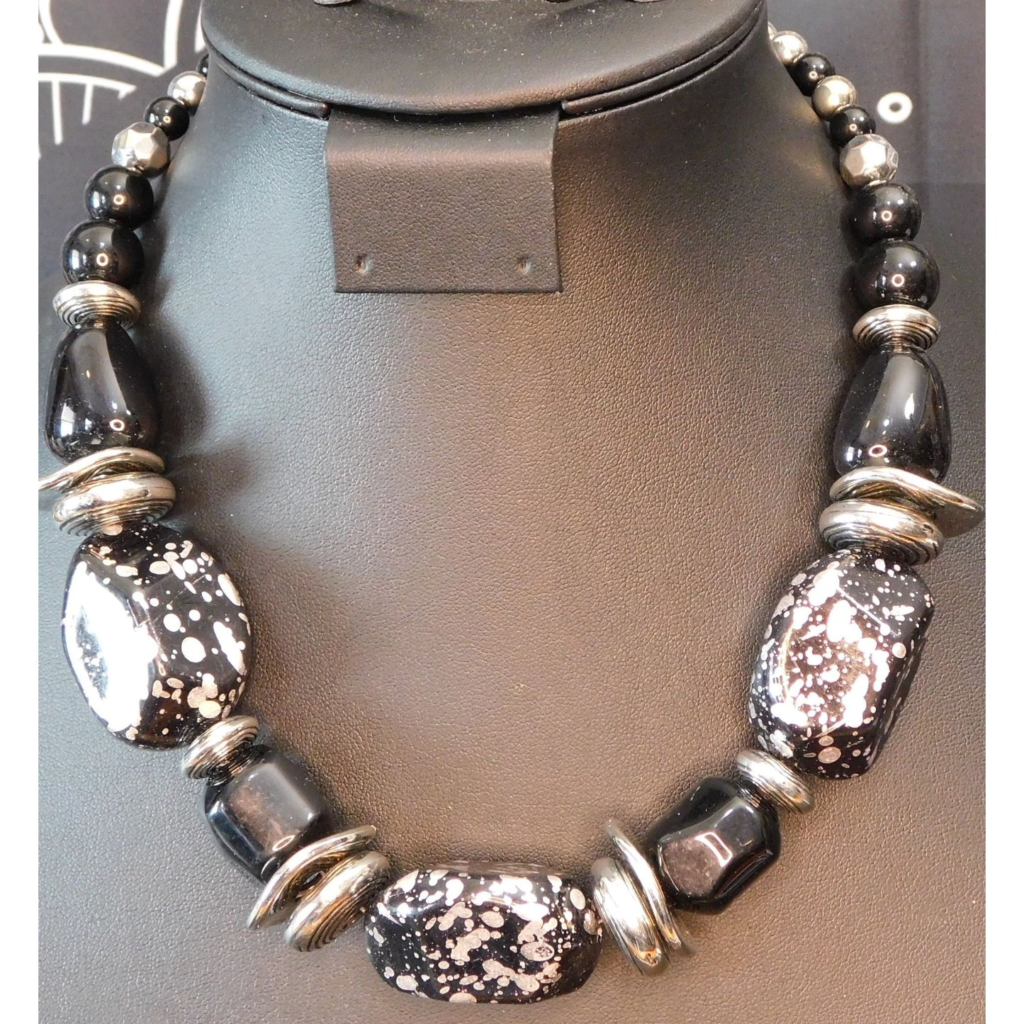 Chunky Gothic Black And Silver Tone Beaded Necklace