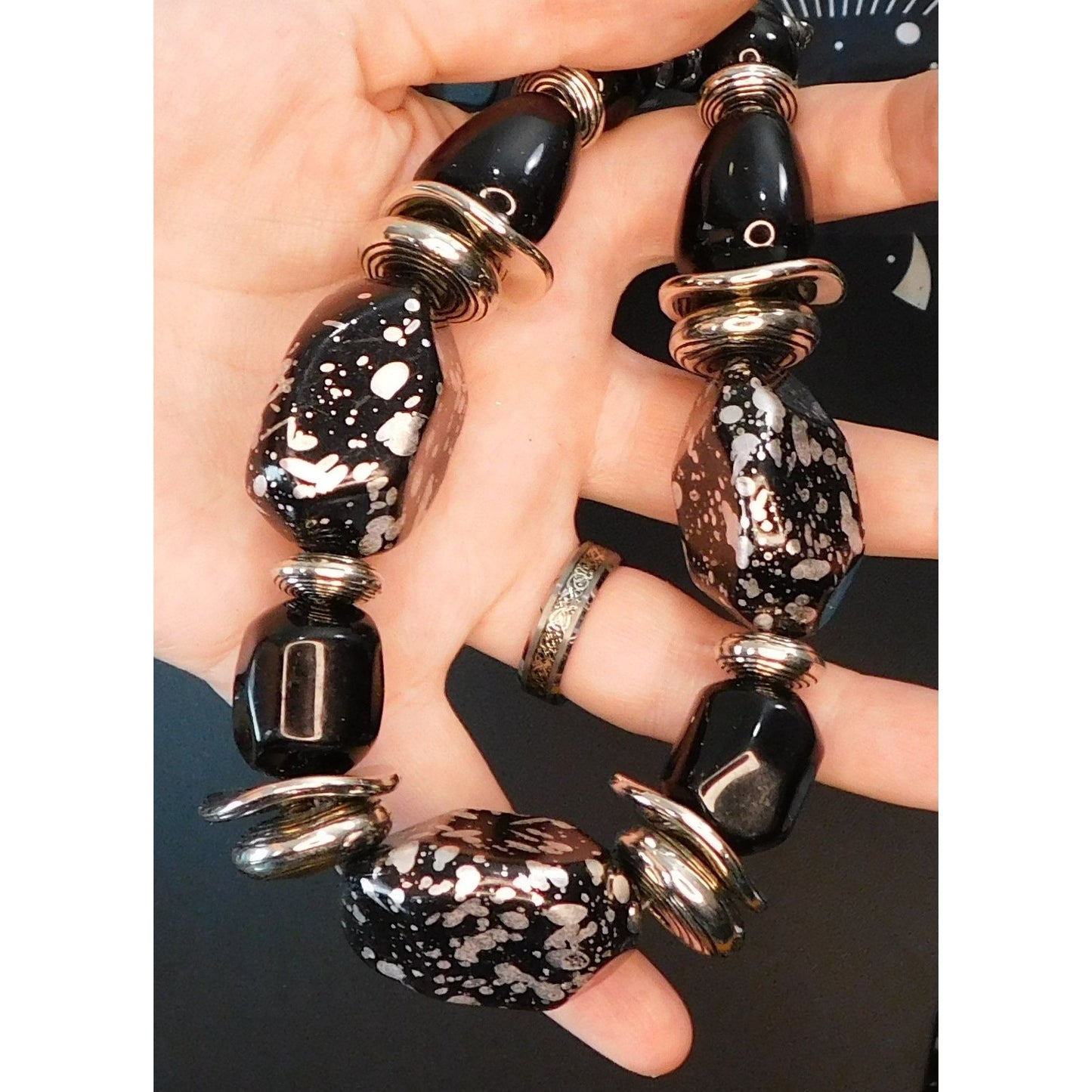 Chunky Gothic Black And Silver Tone Beaded Necklace