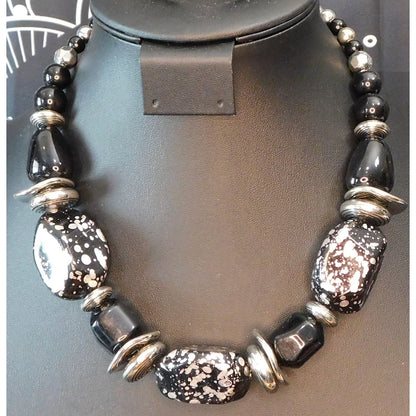Chunky Gothic Black And Silver Tone Beaded Necklace