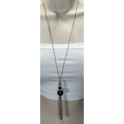 Boho Gothic Silver-Tone Chain Necklace With Black Beads & Tassel Pendant