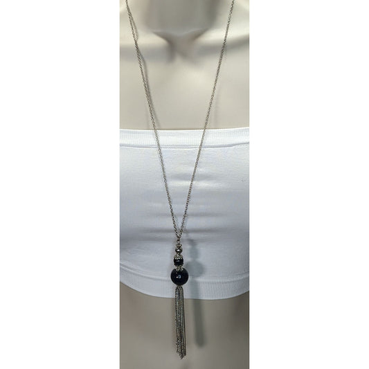 Boho Gothic Silver-Tone Chain Necklace With Black Beads & Tassel Pendant