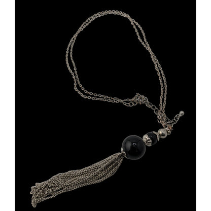Boho Gothic Silver-Tone Chain Necklace With Black Beads & Tassel Pendant