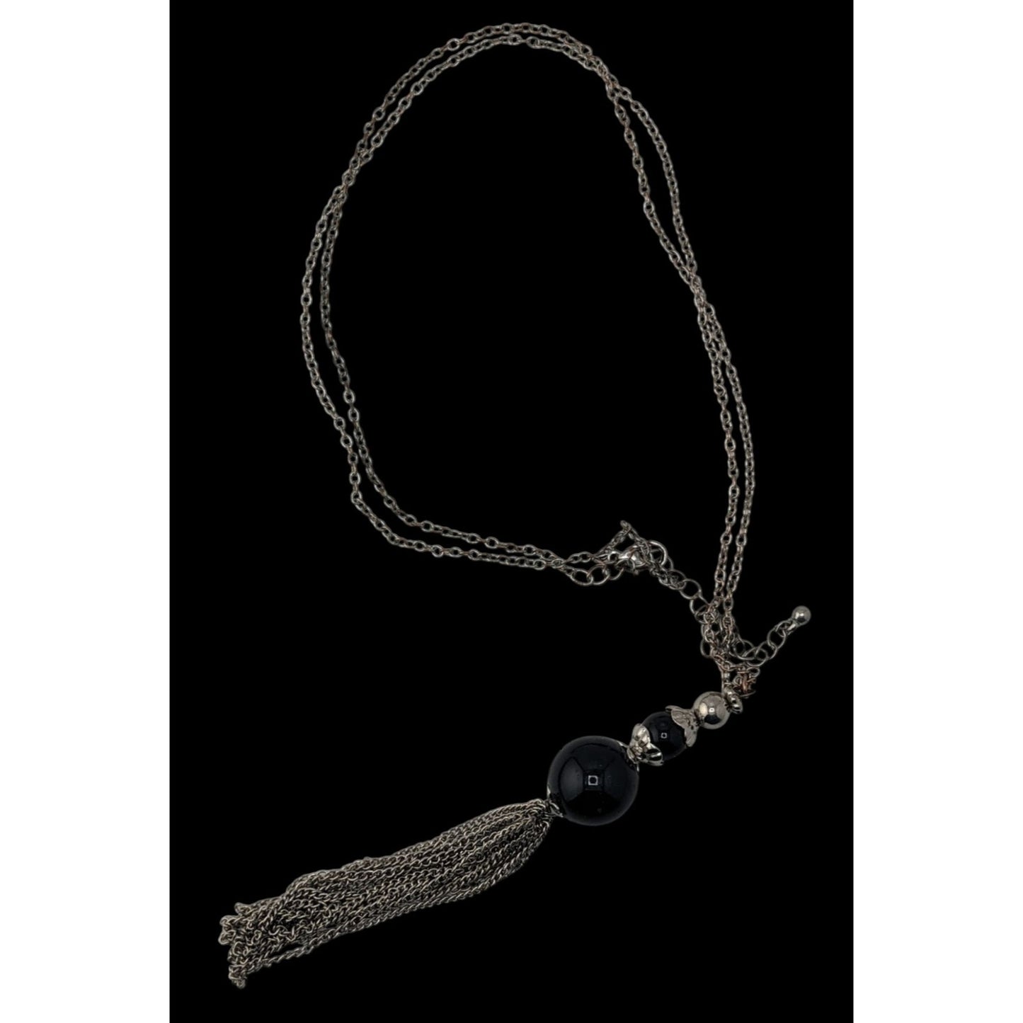 Boho Gothic Silver-Tone Chain Necklace With Black Beads & Tassel Pendant