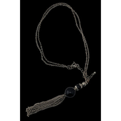 Boho Gothic Silver-Tone Chain Necklace With Black Beads & Tassel Pendant