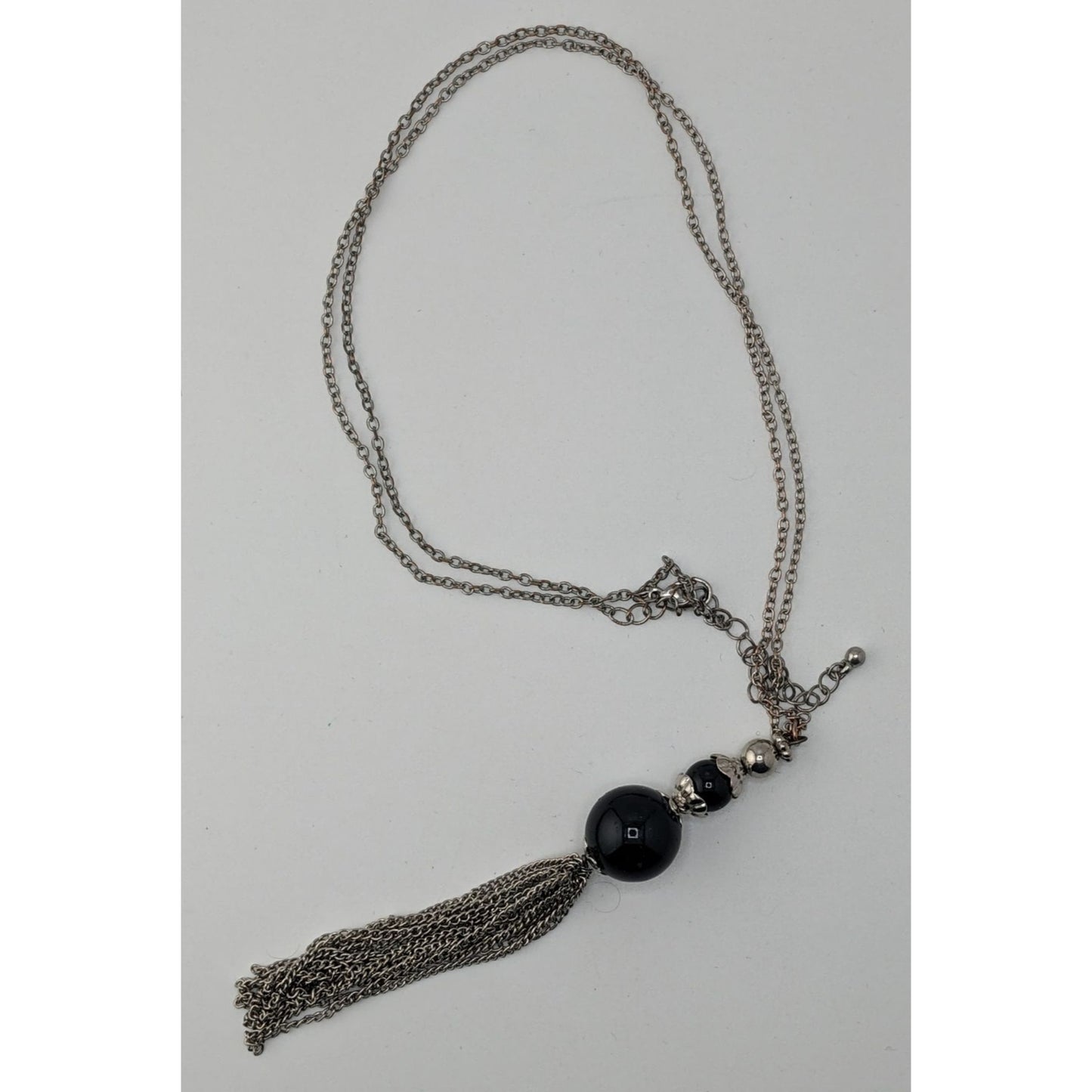 Boho Gothic Silver-Tone Chain Necklace With Black Beads & Tassel Pendant