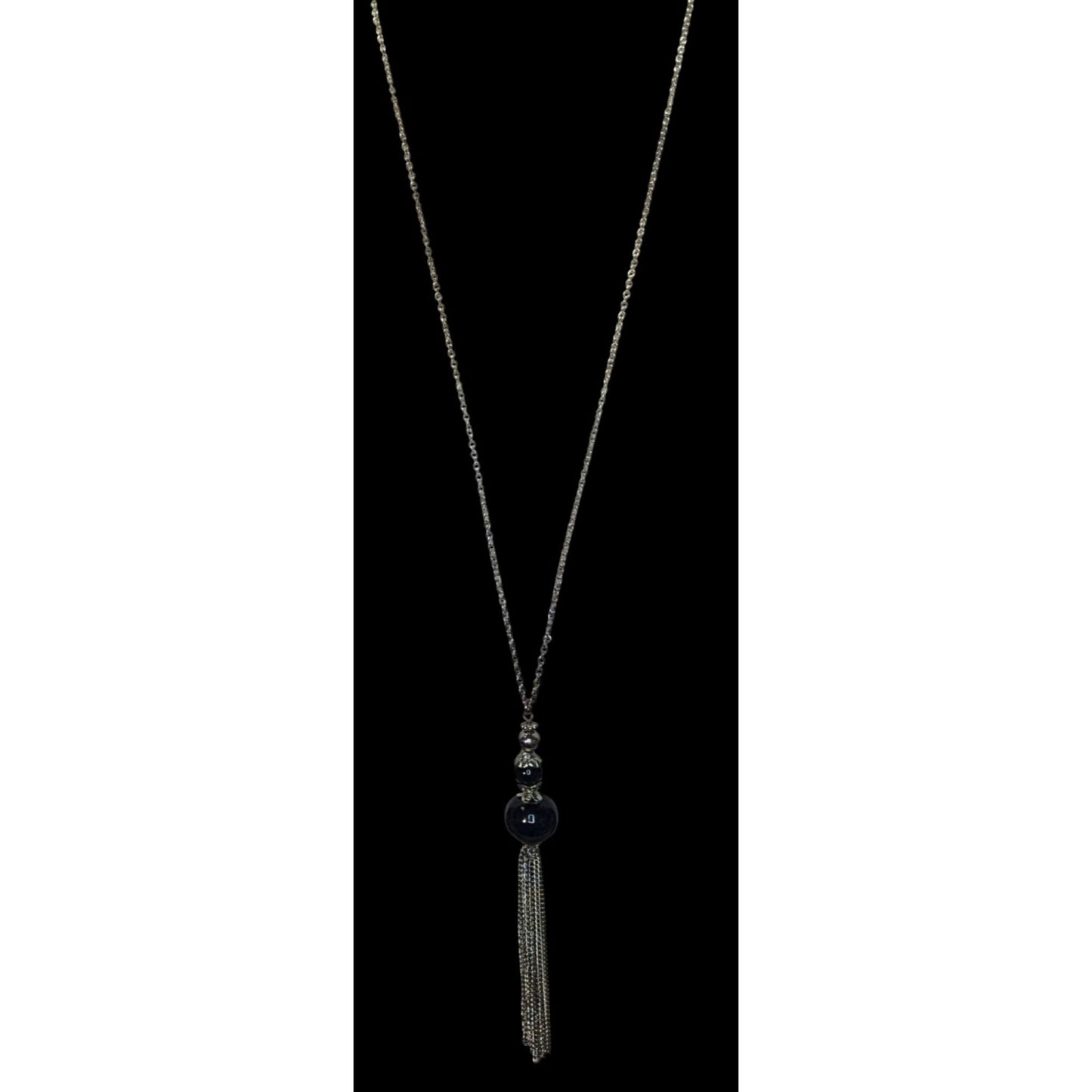 Boho Gothic Silver-Tone Chain Necklace With Black Beads & Tassel Pendant