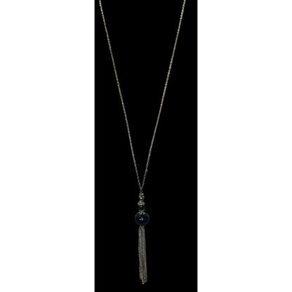 Boho Gothic Silver-Tone Chain Necklace With Black Beads & Tassel Pendant