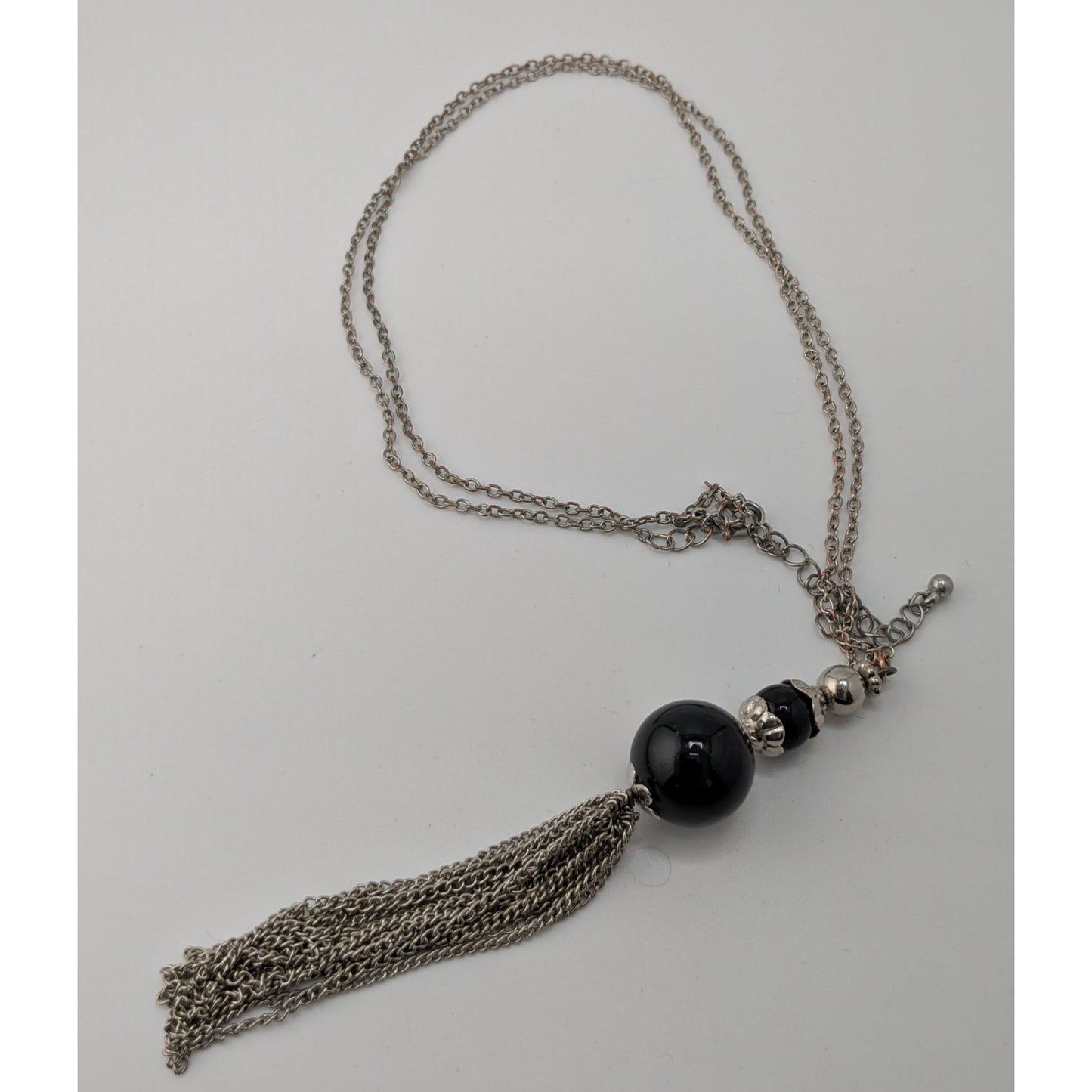 Boho Gothic Silver-Tone Chain Necklace With Black Beads & Tassel Pendant
