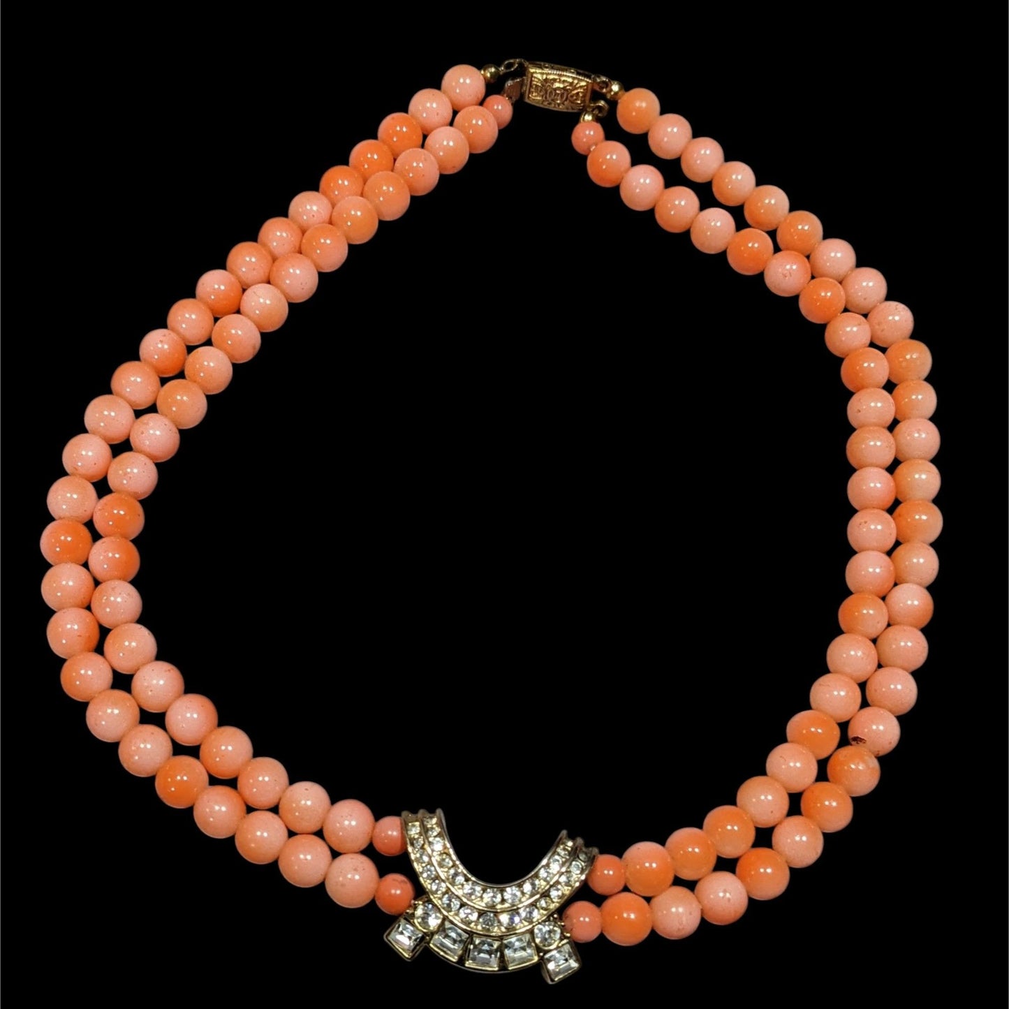 Vintage Salmon Tone Beaded Rhinestone Accent Beaded Necklace