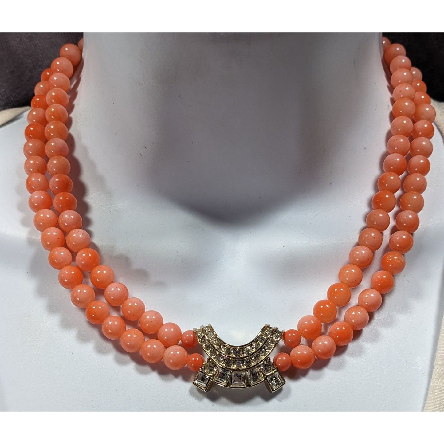 Vintage Salmon Tone Beaded Rhinestone Accent Beaded Necklace