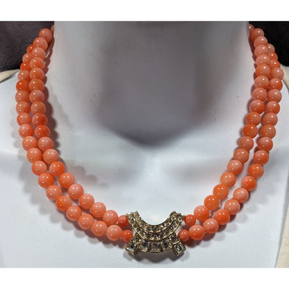 Vintage Salmon Tone Beaded Rhinestone Accent Beaded Necklace