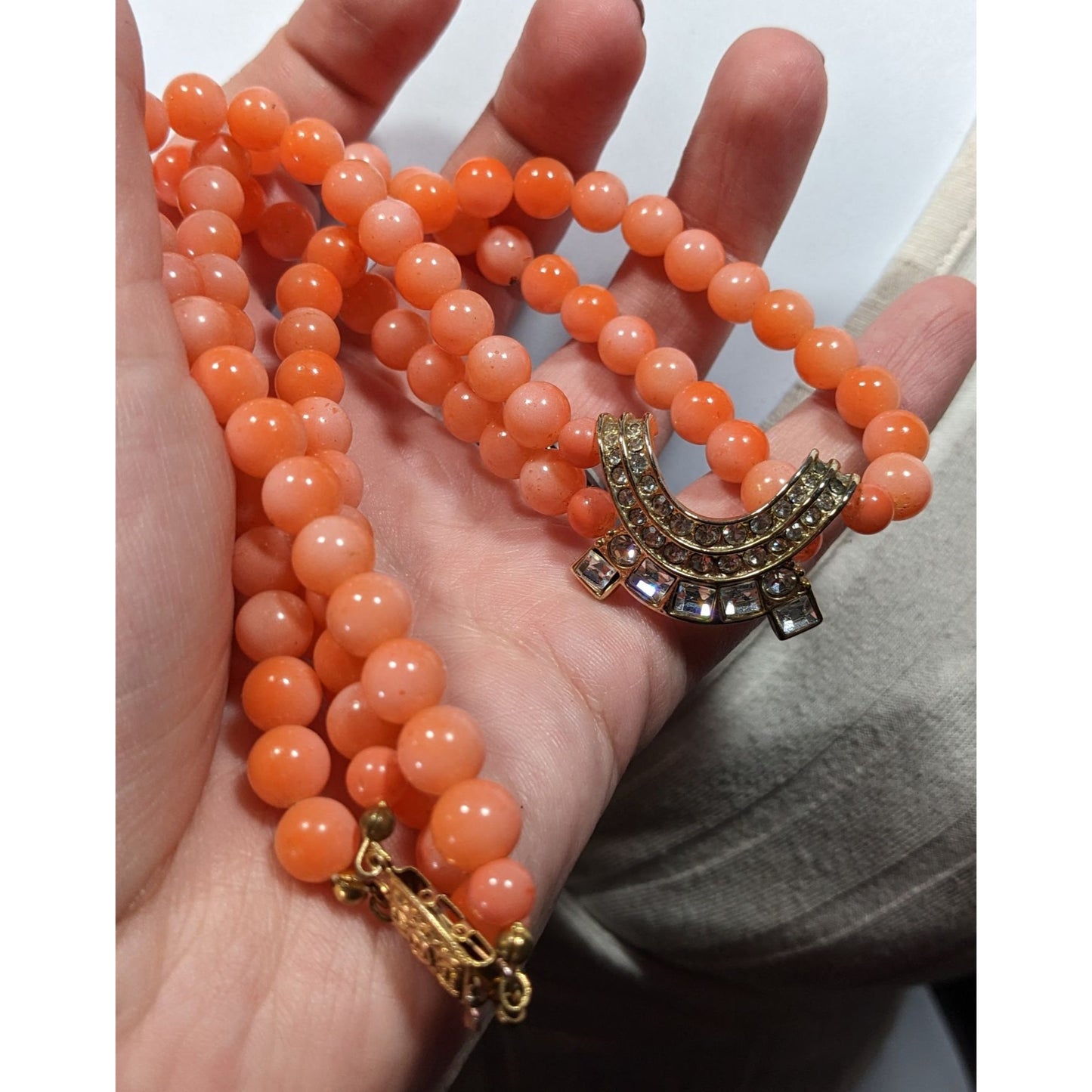 Vintage Salmon Tone Beaded Rhinestone Accent Beaded Necklace