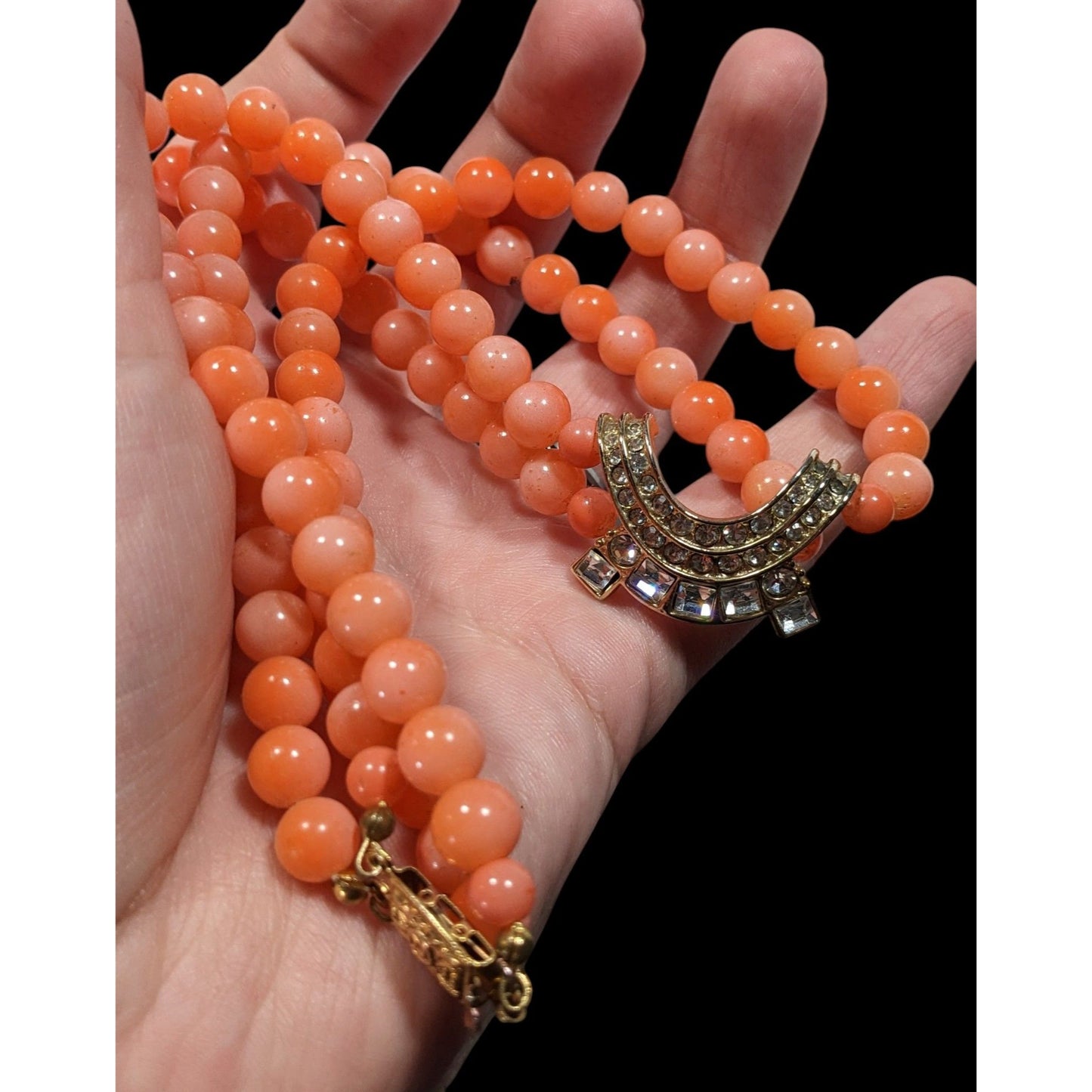 Vintage Salmon Tone Beaded Rhinestone Accent Beaded Necklace