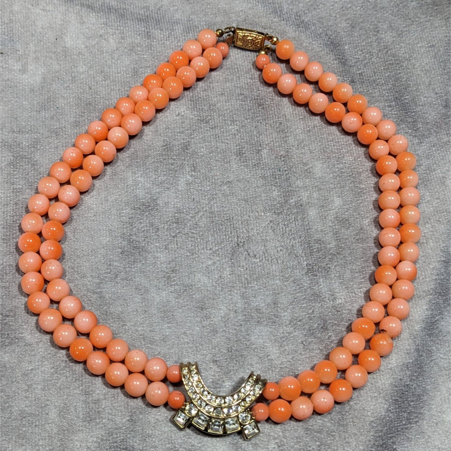 Vintage Salmon Tone Beaded Rhinestone Accent Beaded Necklace