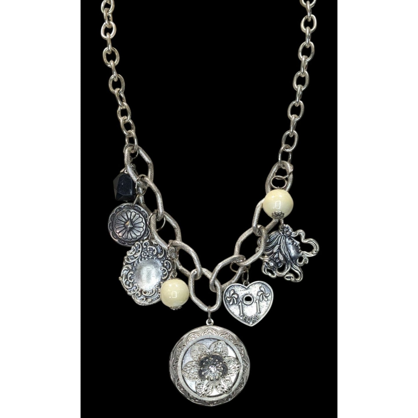Vintage Victorian Style Gothic Charm Necklace W/ Locket Beads & Intricate Pendants