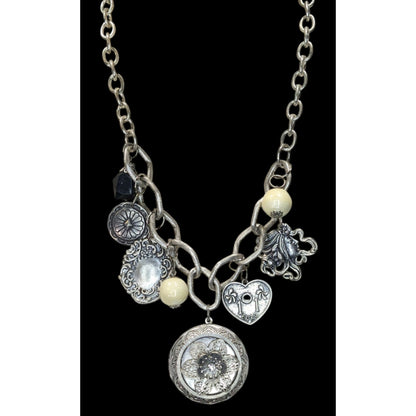 Vintage Victorian Style Gothic Charm Necklace W/ Locket Beads & Intricate Pendants