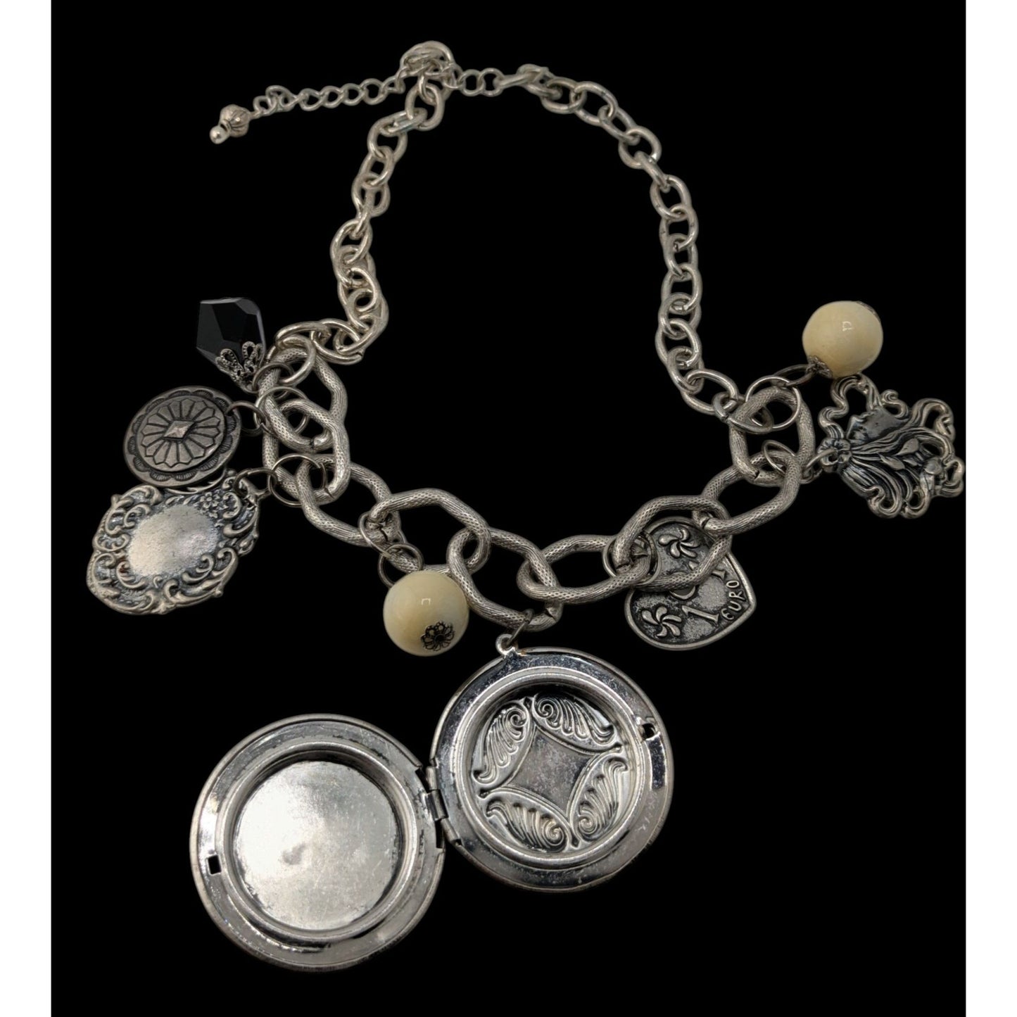 Vintage Victorian Style Gothic Charm Necklace W/ Locket Beads & Intricate Pendants