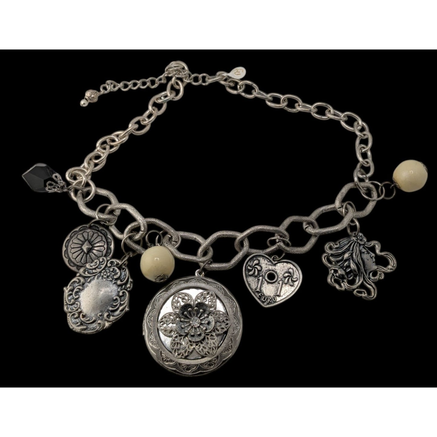 Vintage Victorian Style Gothic Charm Necklace W/ Locket Beads & Intricate Pendants