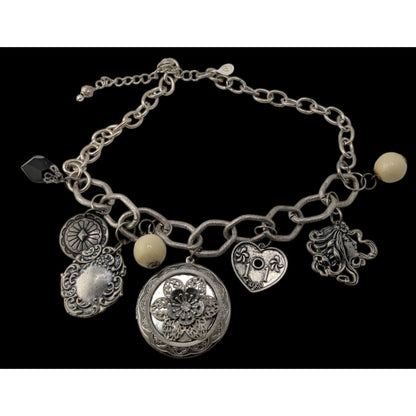Vintage Victorian Style Gothic Charm Necklace W/ Locket Beads & Intricate Pendants