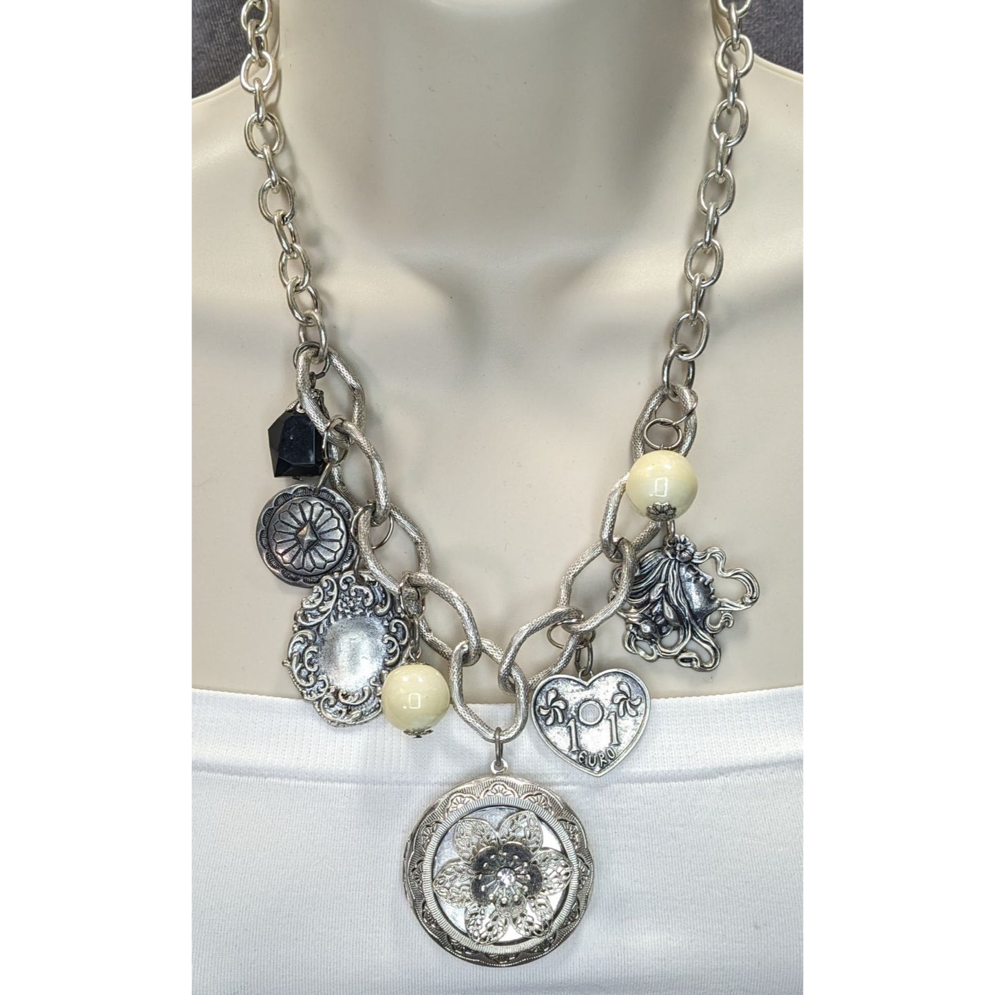 Vintage Victorian Style Gothic Charm Necklace W/ Locket Beads & Intricate Pendants