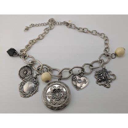 Vintage Victorian Style Gothic Charm Necklace W/ Locket Beads & Intricate Pendants