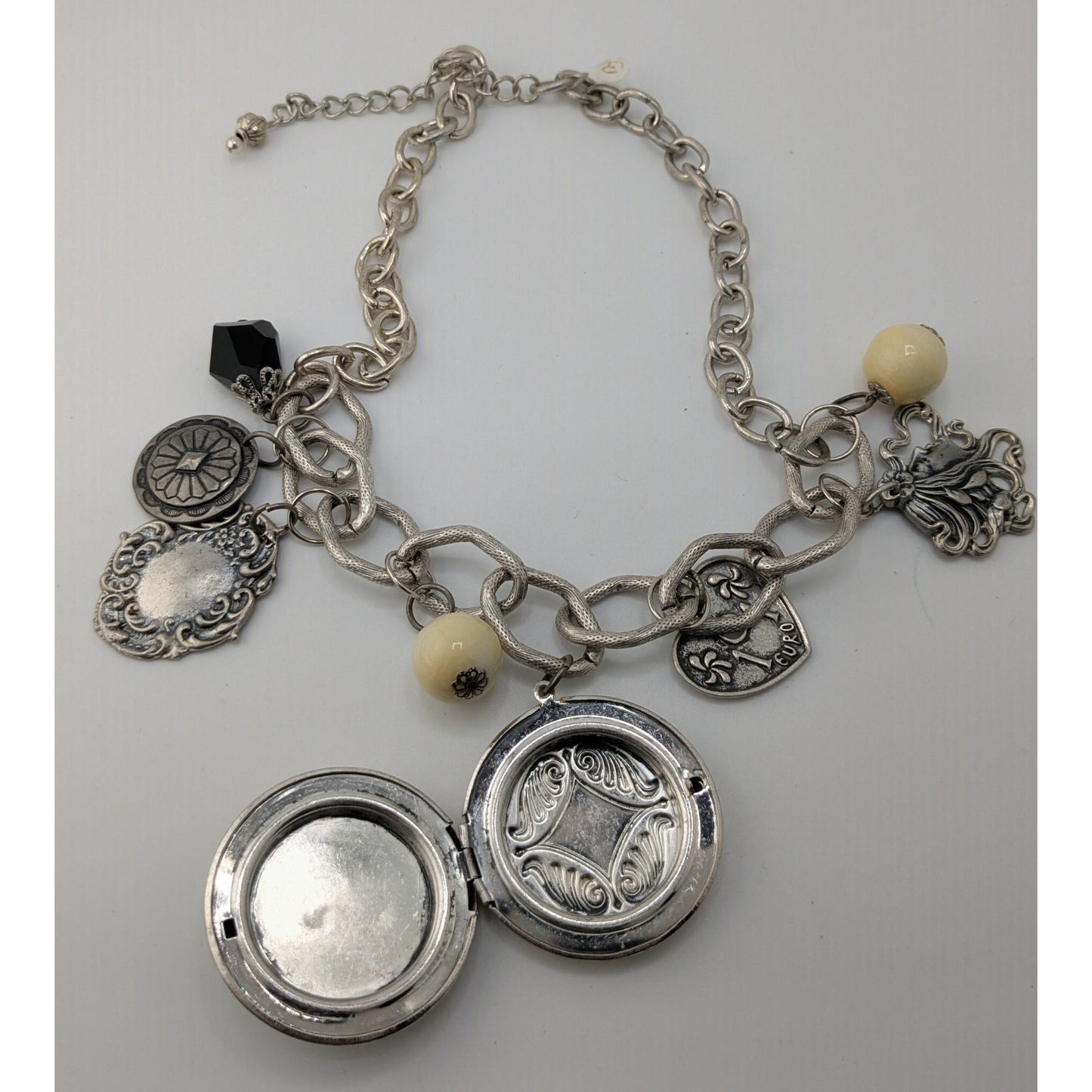 Vintage Victorian Style Gothic Charm Necklace W/ Locket Beads & Intricate Pendants
