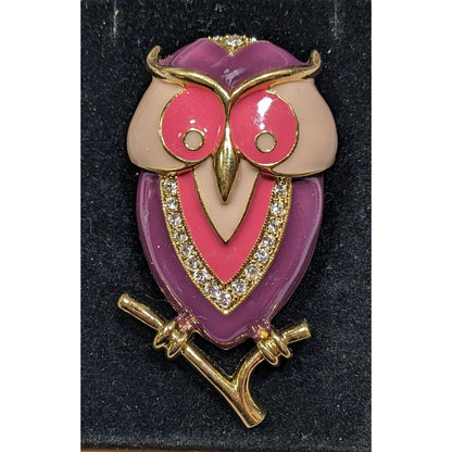 Vintage Marie Whimsical Owl Brooch Pink And Purple With Crystal Accents