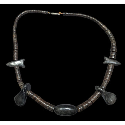 Vintage Ethnic Carved Brown And Black Wood Beaded Necklace