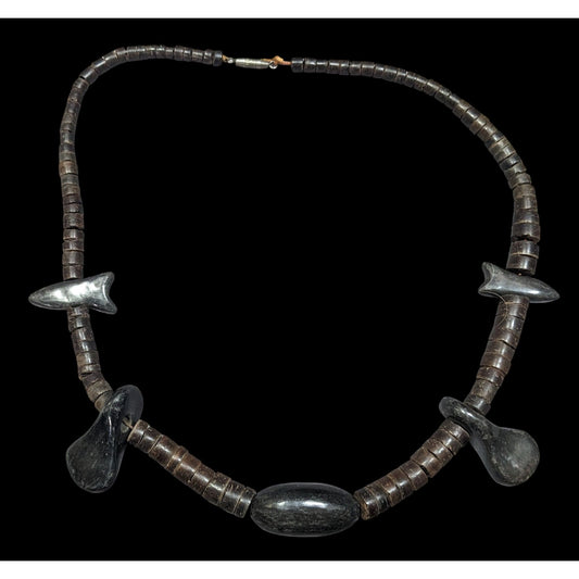 Vintage Ethnic Carved Brown And Black Wood Beaded Necklace
