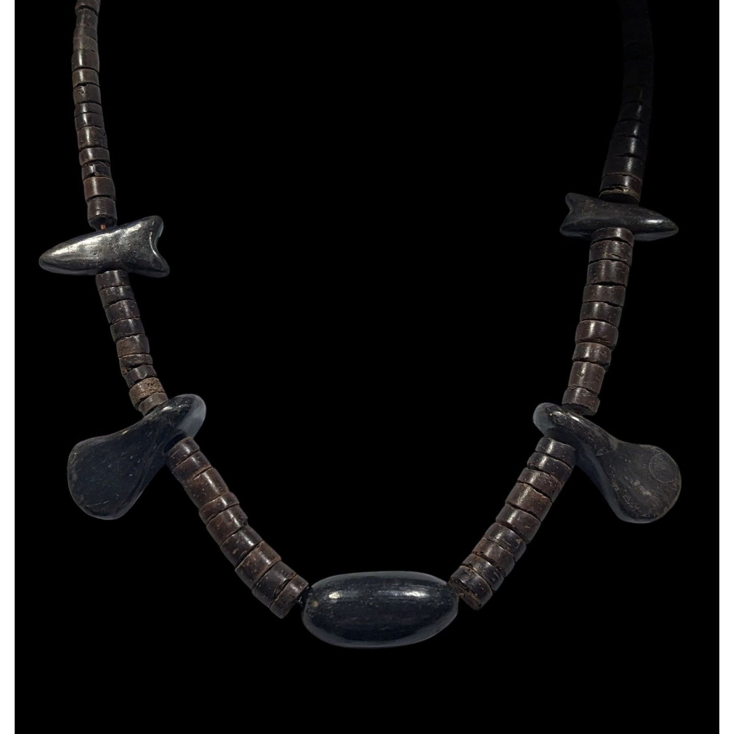 Vintage Ethnic Carved Brown And Black Wood Beaded Necklace