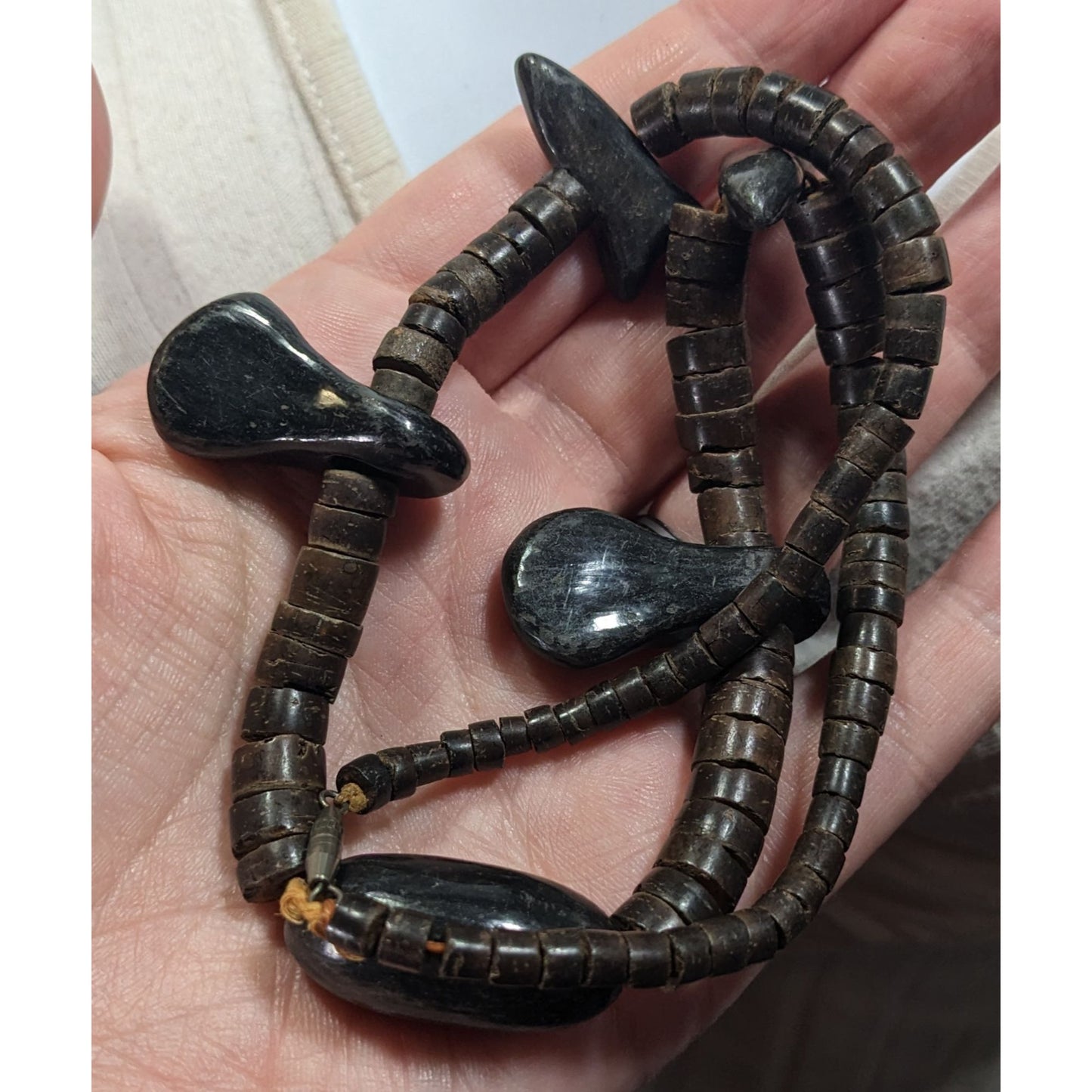 Vintage Ethnic Carved Brown And Black Wood Beaded Necklace