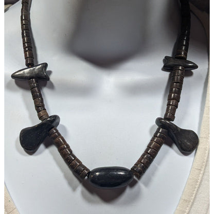 Vintage Ethnic Carved Brown And Black Wood Beaded Necklace