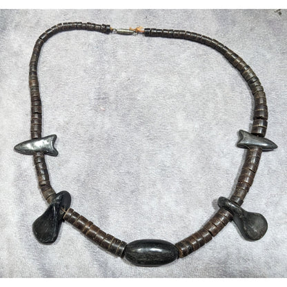 Vintage Ethnic Carved Brown And Black Wood Beaded Necklace