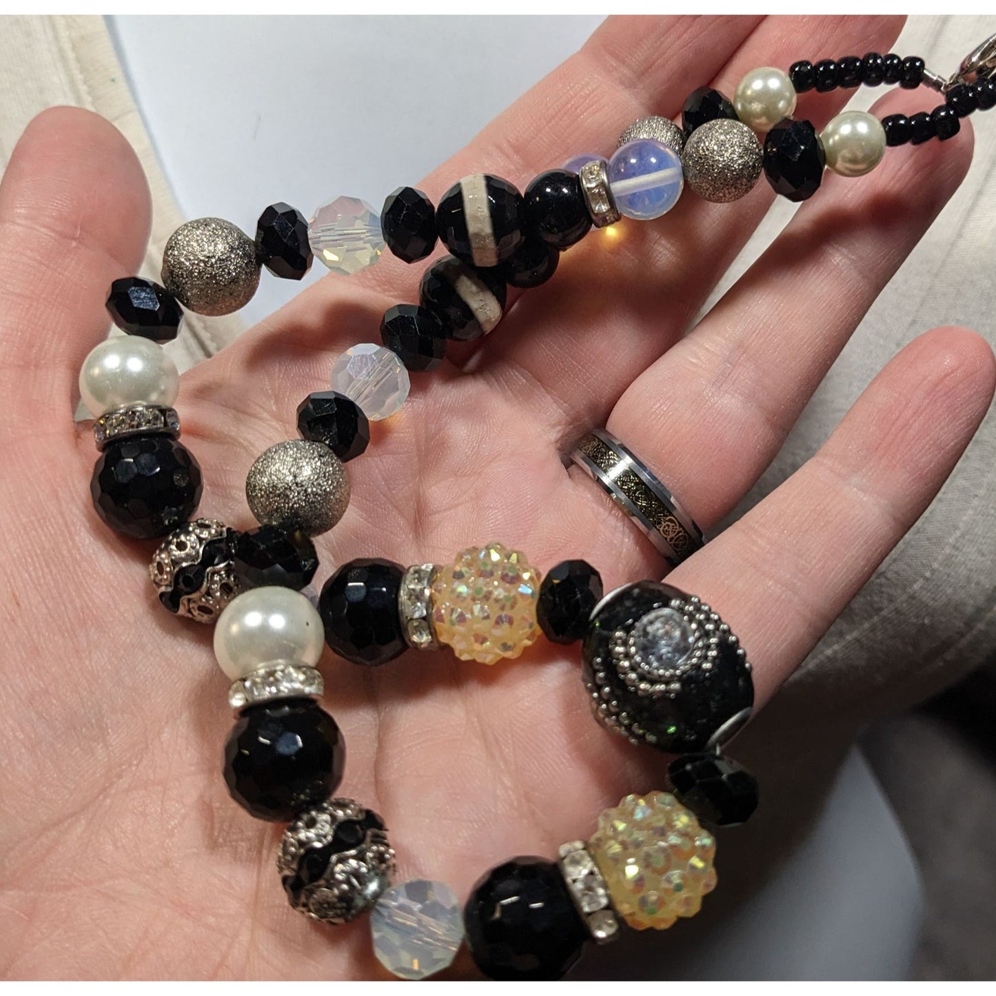 Handmade Glam Goth Black And White Beaded Necklace