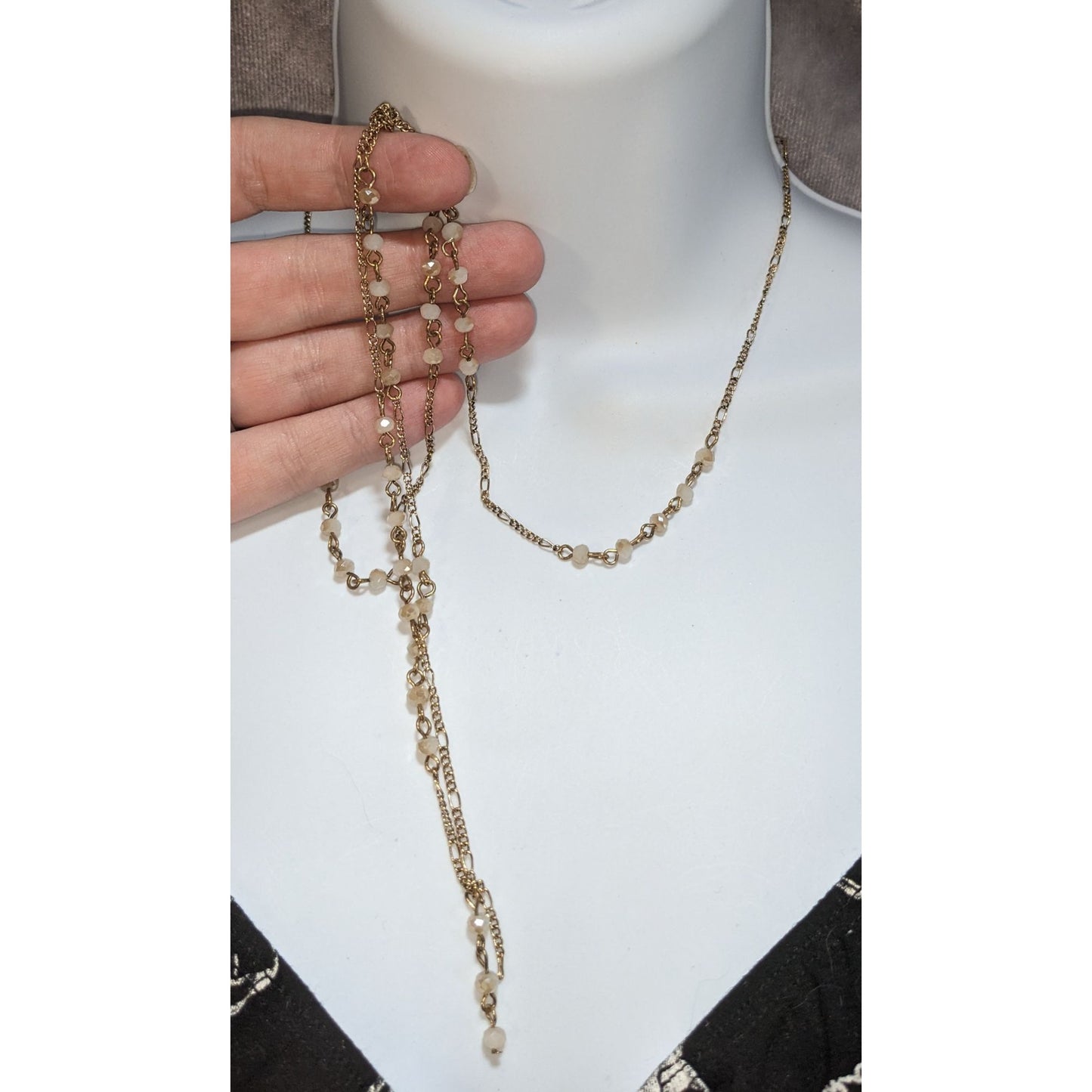 Gold Beaded Lariat Necklace Delicate Tassel Y Necklace Minimalist Layered Jewelry