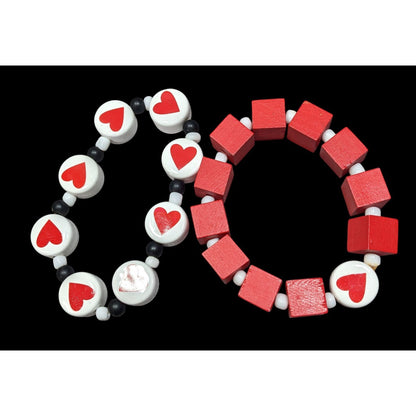 Square And Heart Red And White Beaded Stretch Bracelet Set