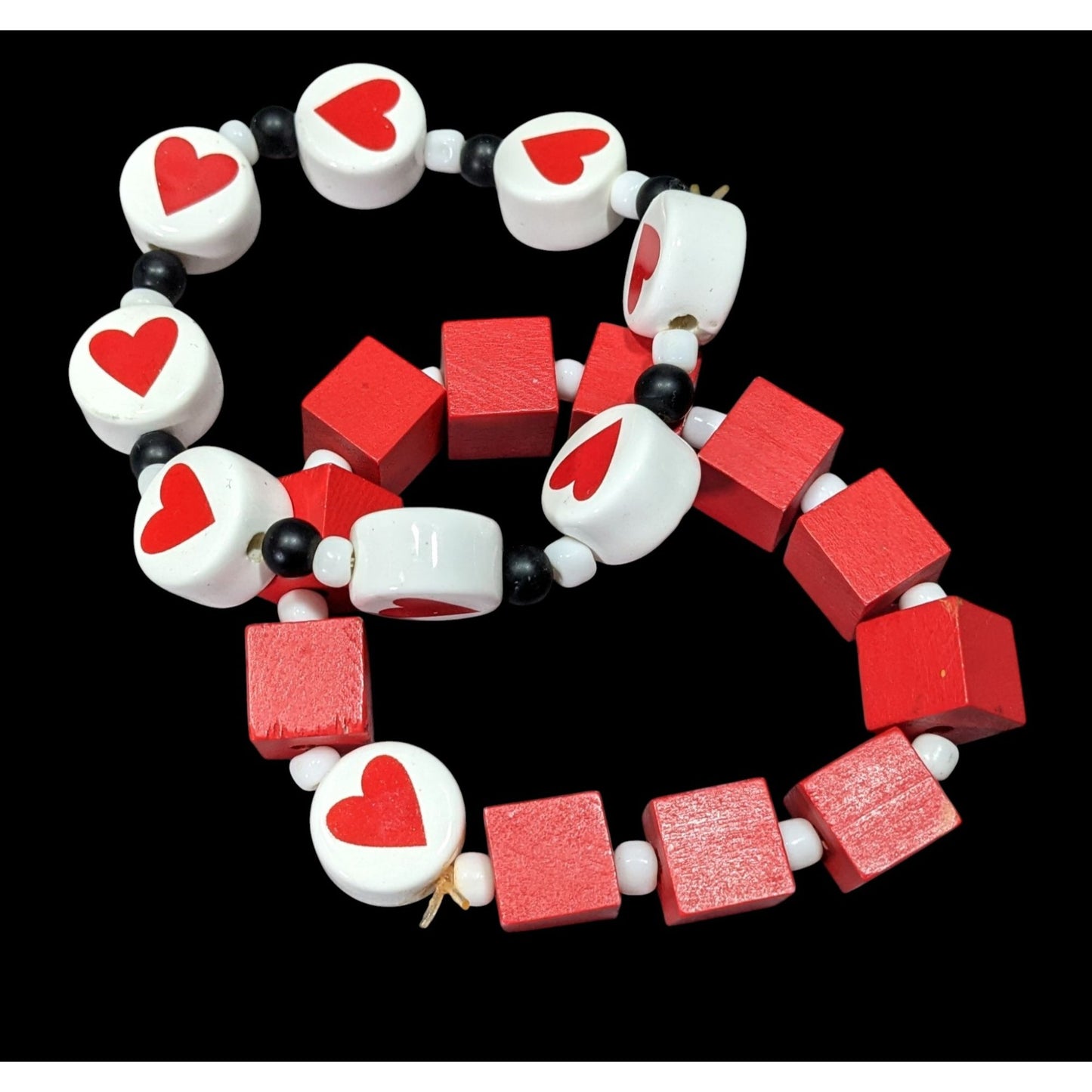 Square And Heart Red And White Beaded Stretch Bracelet Set