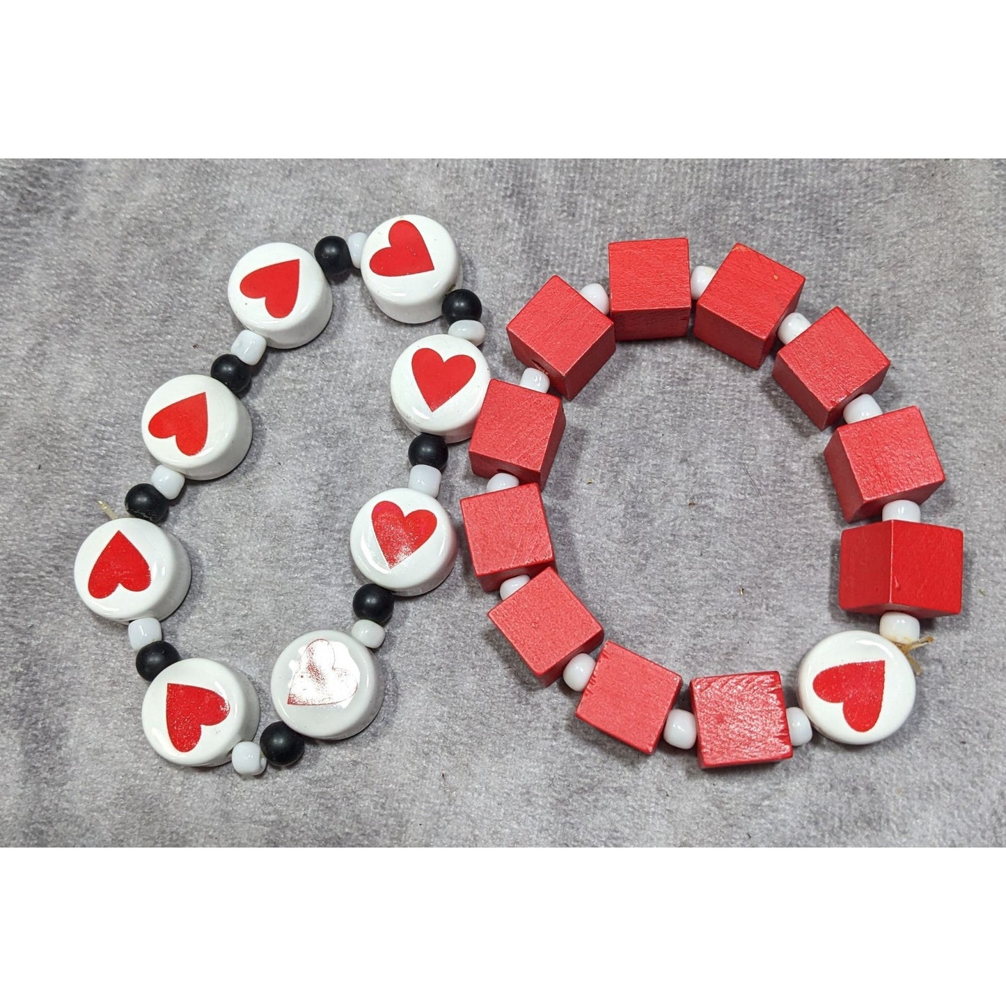 Square And Heart Red And White Beaded Stretch Bracelet Set