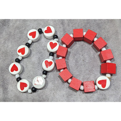 Square And Heart Red And White Beaded Stretch Bracelet Set