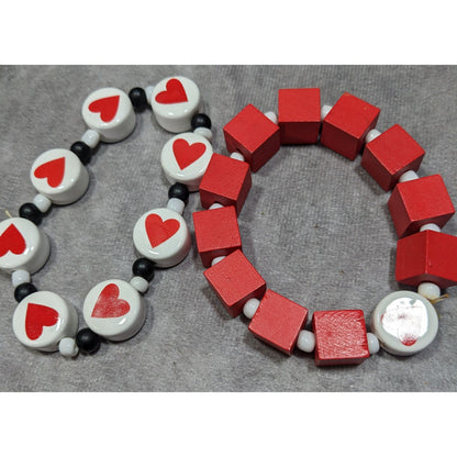 Square And Heart Red And White Beaded Stretch Bracelet Set