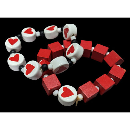 Square And Heart Red And White Beaded Stretch Bracelet Set