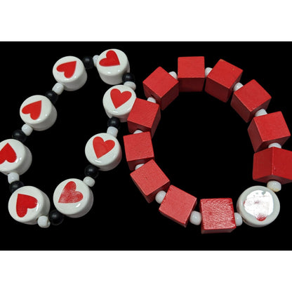 Square And Heart Red And White Beaded Stretch Bracelet Set