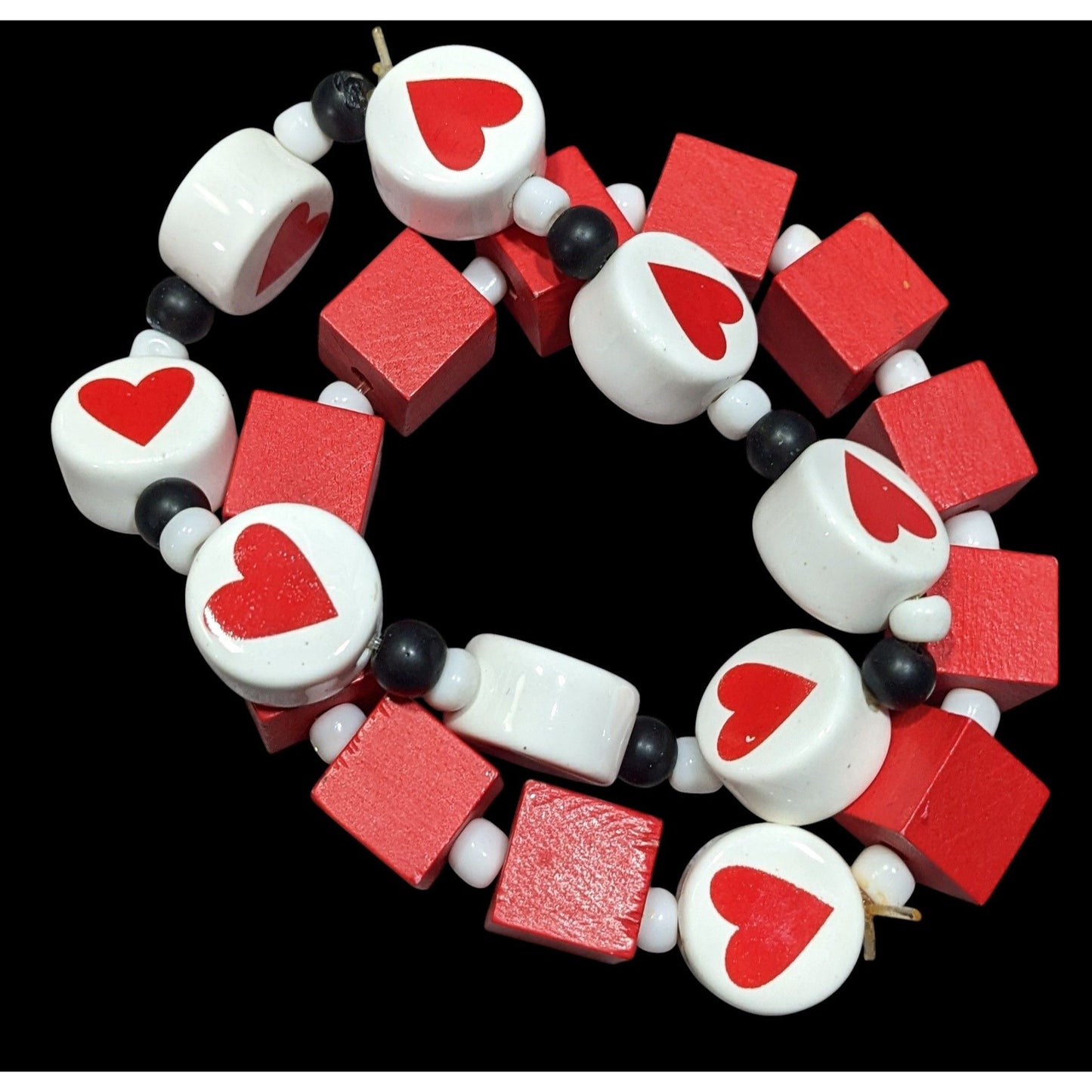 Square And Heart Red And White Beaded Stretch Bracelet Set