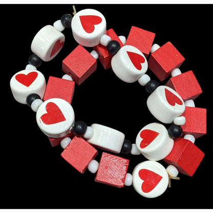 Square And Heart Red And White Beaded Stretch Bracelet Set