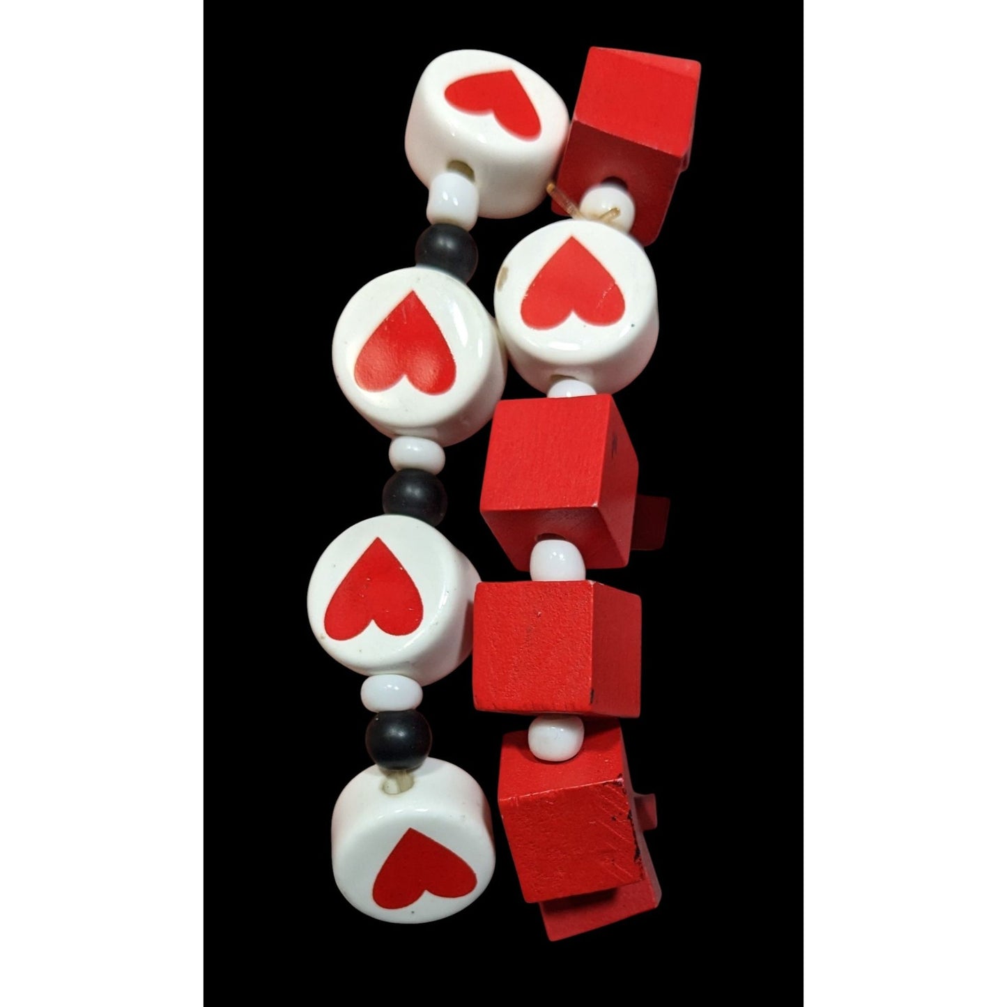 Square And Heart Red And White Beaded Stretch Bracelet Set