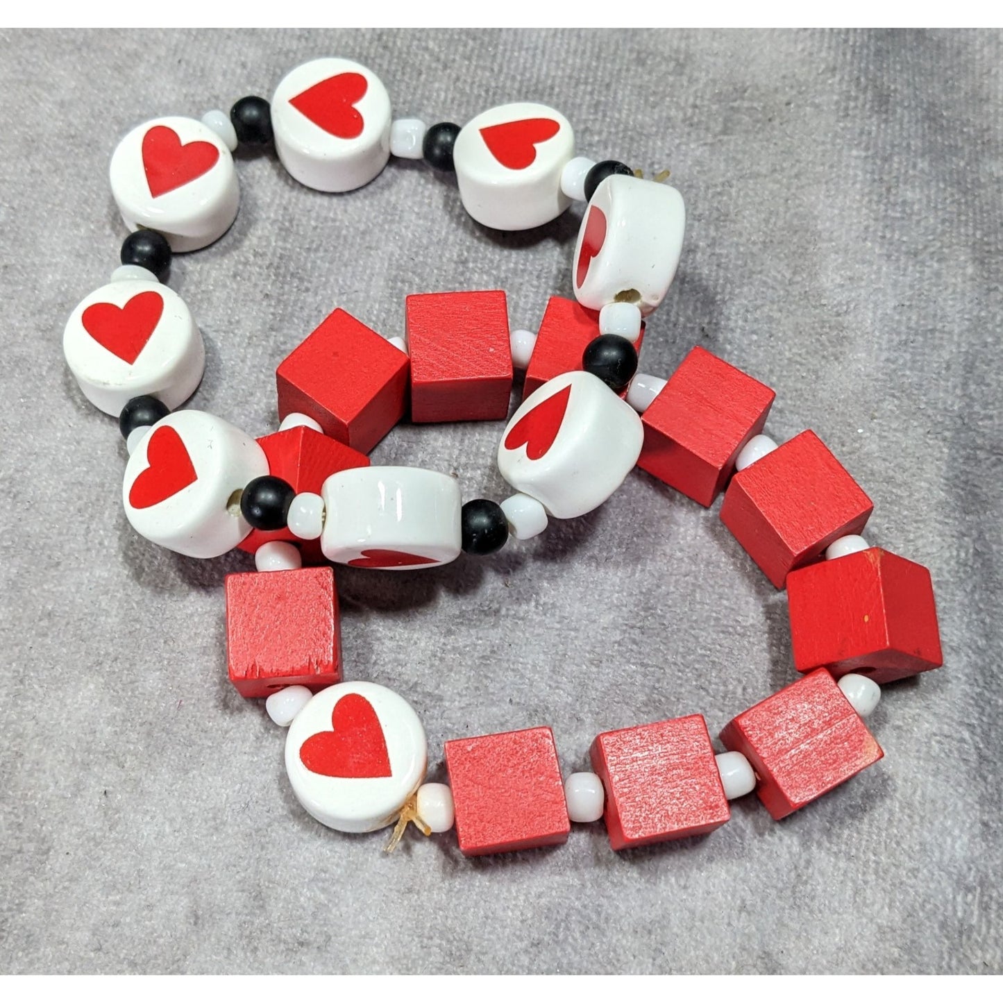 Square And Heart Red And White Beaded Stretch Bracelet Set